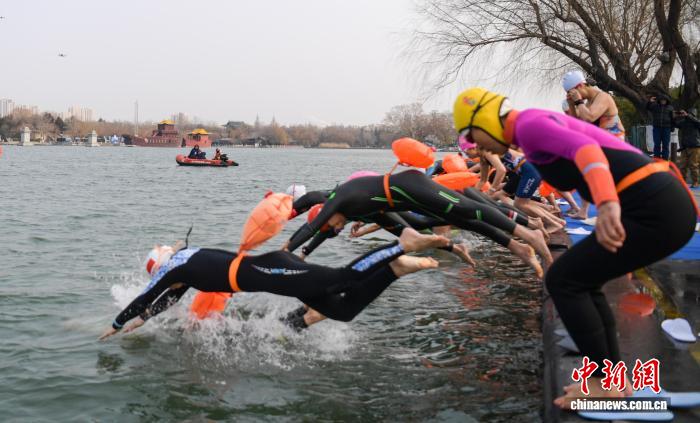 济南大明湖畔近千名中外泳士齐聚冬季畅游泉水